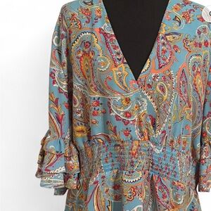 New York & Company Teal Multi Paisley V-Neck Smocked Waist Tunic
